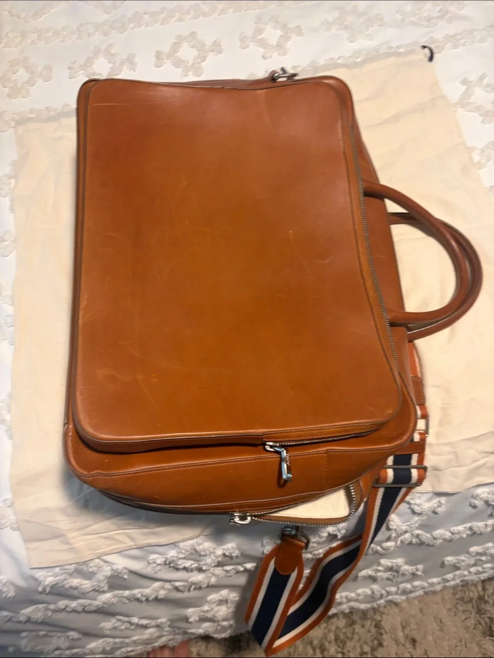 Shinola Cognac Leather Briefcase with Striped Shoulder Strap
